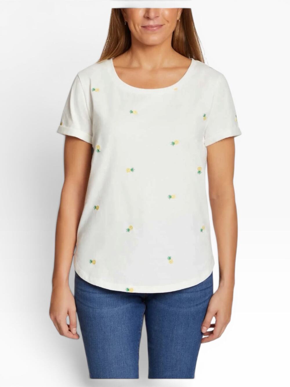 Vintage America Embroidered Tee Women Large White Pineapple Print NWT